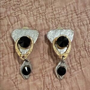J Jansen signed Vintage multi tone Gold and Black silver Clip Drop Earrings
